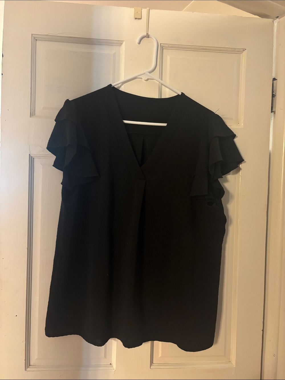 Black Ruffle Sleeve V-Neck Women's Top